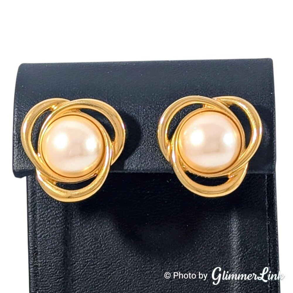 Vintage Monet Gold Tone Knot Earrings with Faux Pearl Cabochons